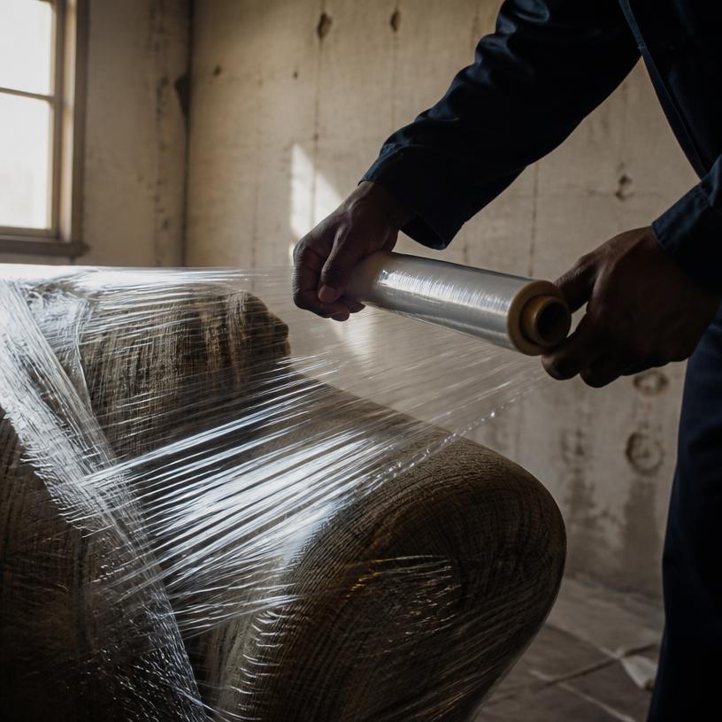 Movers wrapping a sofa in protective plastic wrap